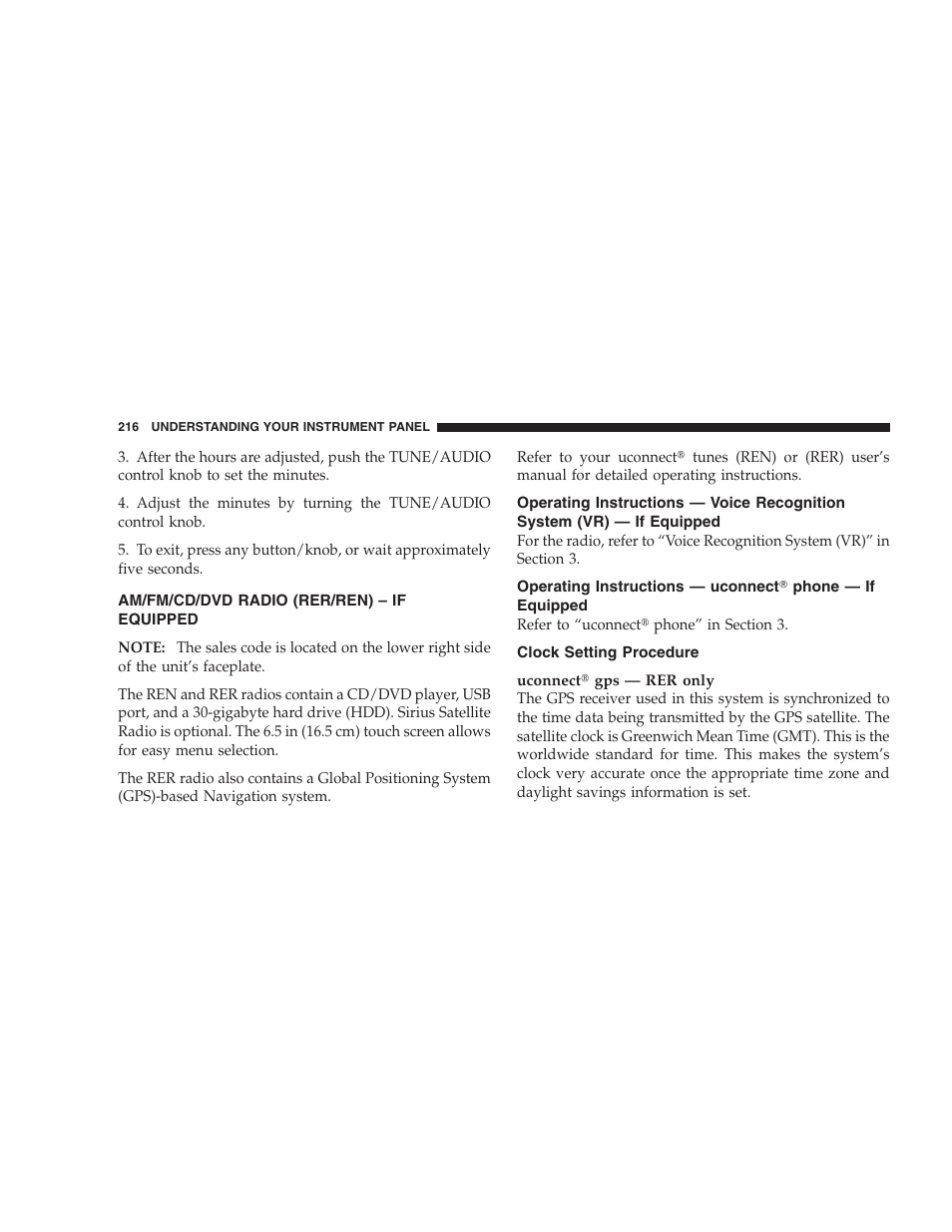 Am/fm/cd/dvd radio (rer/ren) - if equipped, Clock setting procedure | Dodge 2009 Durango User Manual | Page 218 / 498