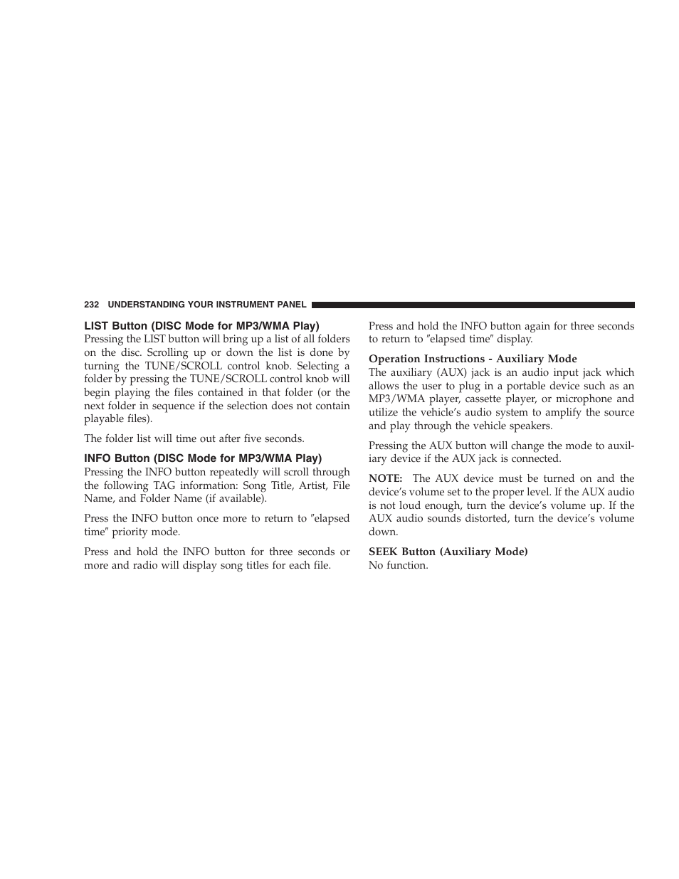 List button (disc mode for mp3/wma play), Info button (disc mode for mp3/wma play) | Dodge 2009 Durango User Manual | Page 234 / 498