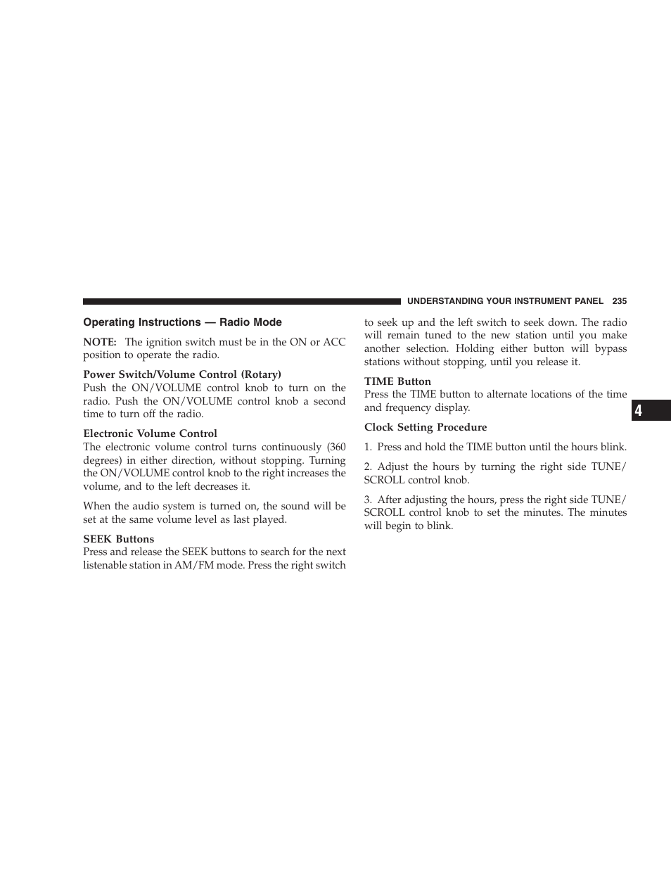 Operating instructions - radio mode | Dodge 2009 Durango User Manual | Page 237 / 498