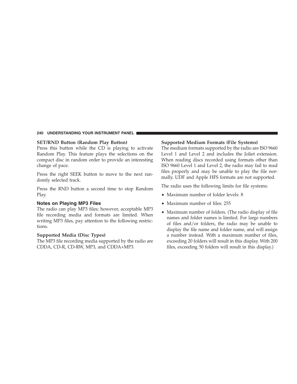 Notes on playing mp3 files | Dodge 2009 Durango User Manual | Page 242 / 498