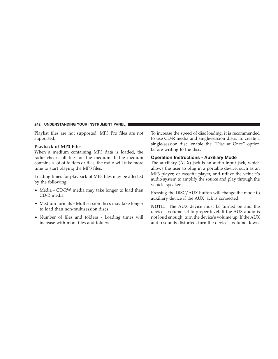 Operation instructions - auxiliary mode | Dodge 2009 Durango User Manual | Page 244 / 498