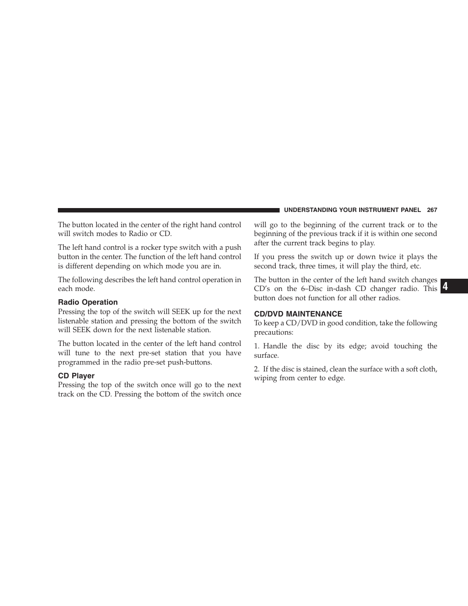 Radio operation, Cd player, Cd/dvd maintenance | Dodge 2009 Durango User Manual | Page 269 / 498