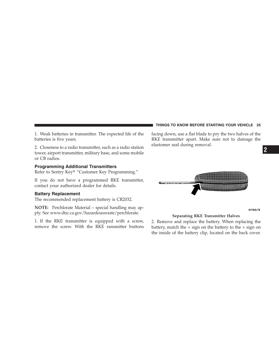 Programming additional transmitters, Battery replacement | Dodge 2009 Durango User Manual | Page 27 / 498