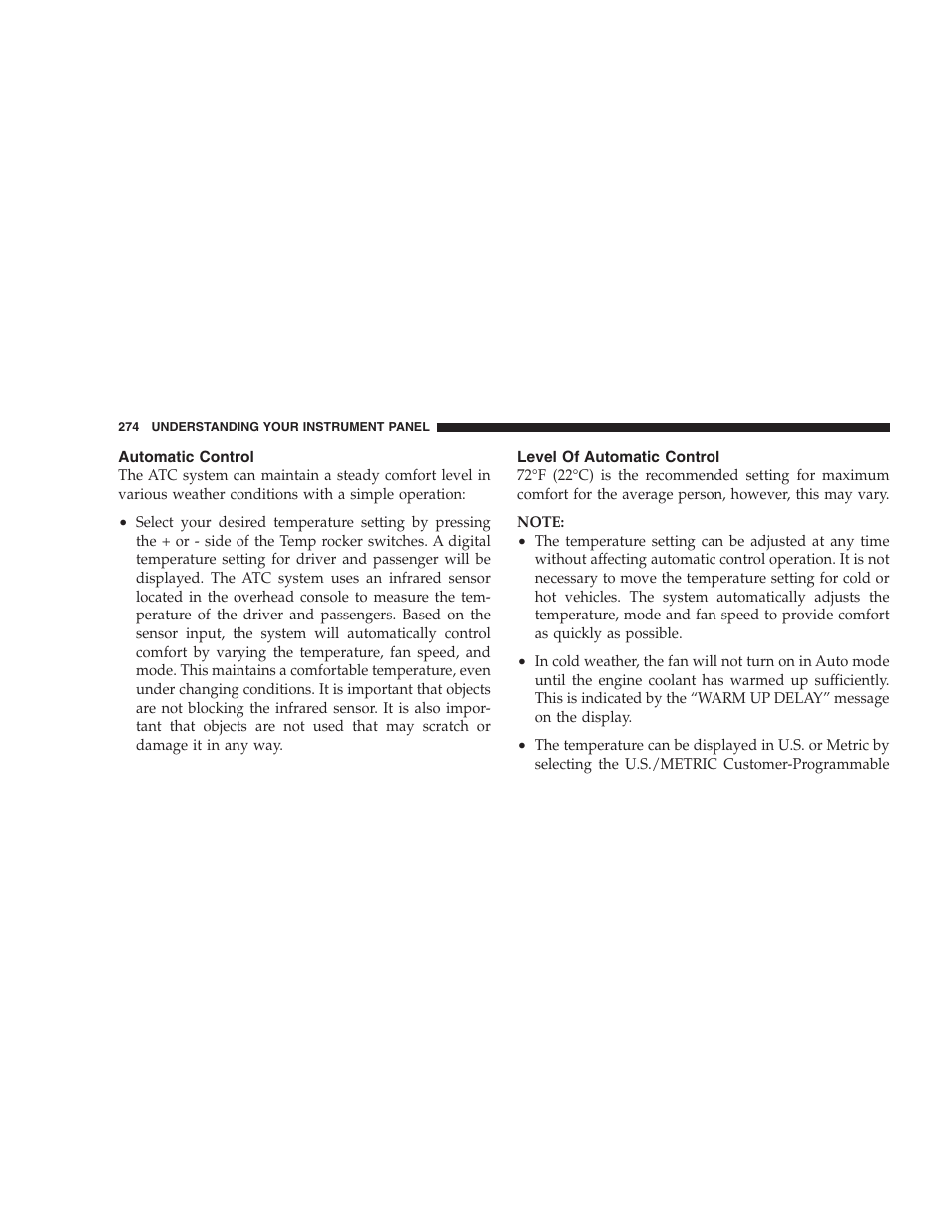 Automatic control, Level of automatic control | Dodge 2009 Durango User Manual | Page 276 / 498