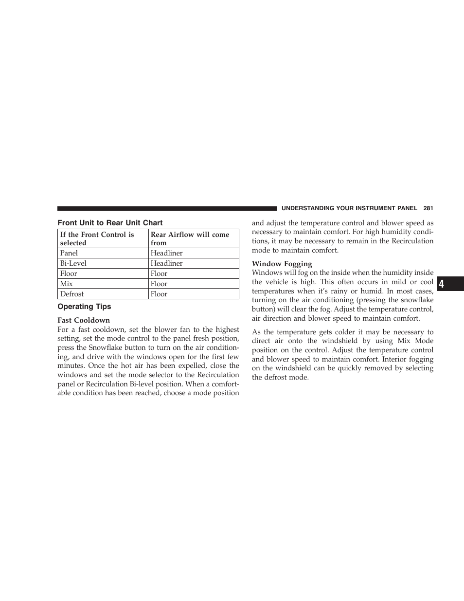 Front unit to rear unit chart, Operating tips | Dodge 2009 Durango User Manual | Page 283 / 498