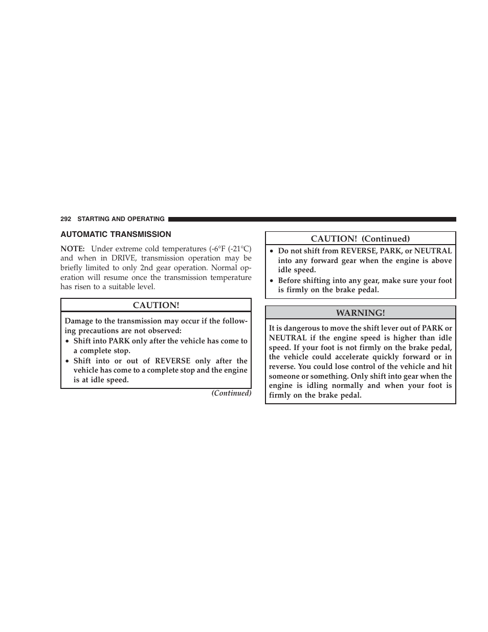 Automatic transmission | Dodge 2009 Durango User Manual | Page 294 / 498