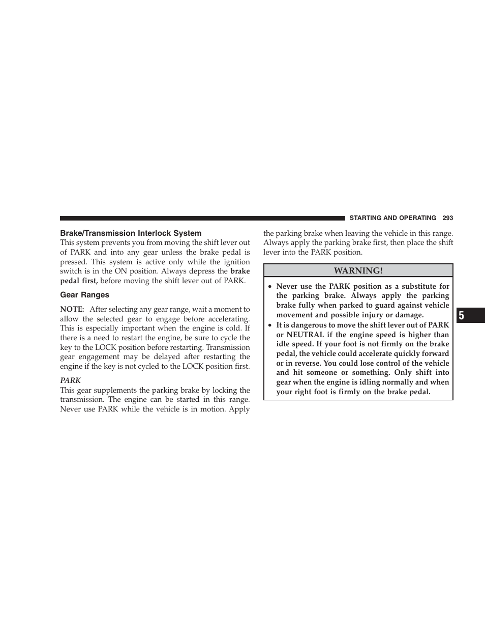 Brake/transmission interlock system, Gear ranges | Dodge 2009 Durango User Manual | Page 295 / 498