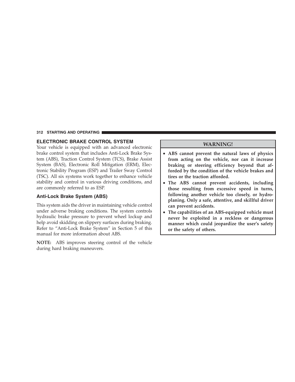 Electronic brake control system, Anti-lock brake system (abs) | Dodge 2009 Durango User Manual | Page 314 / 498