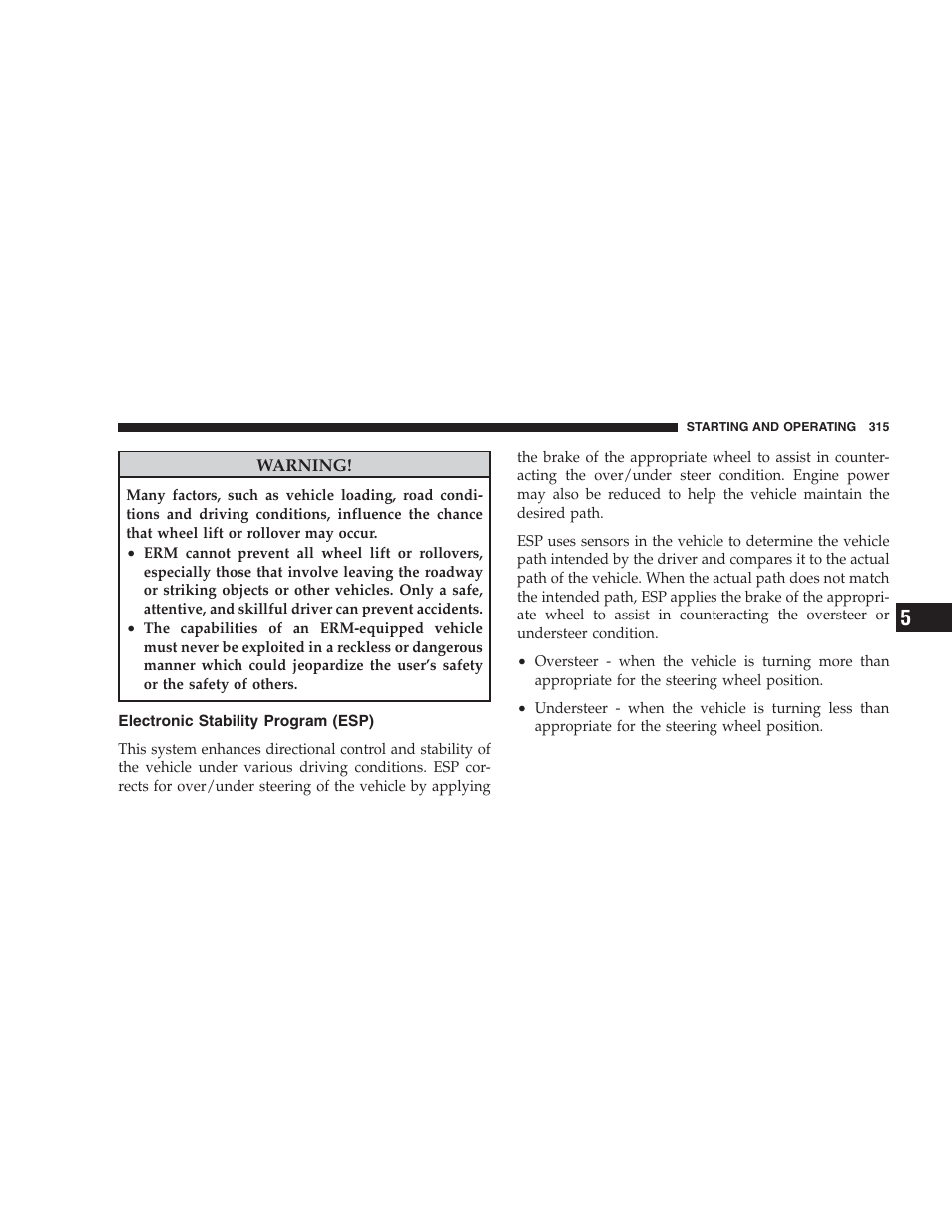 Electronic stability program (esp) | Dodge 2009 Durango User Manual | Page 317 / 498