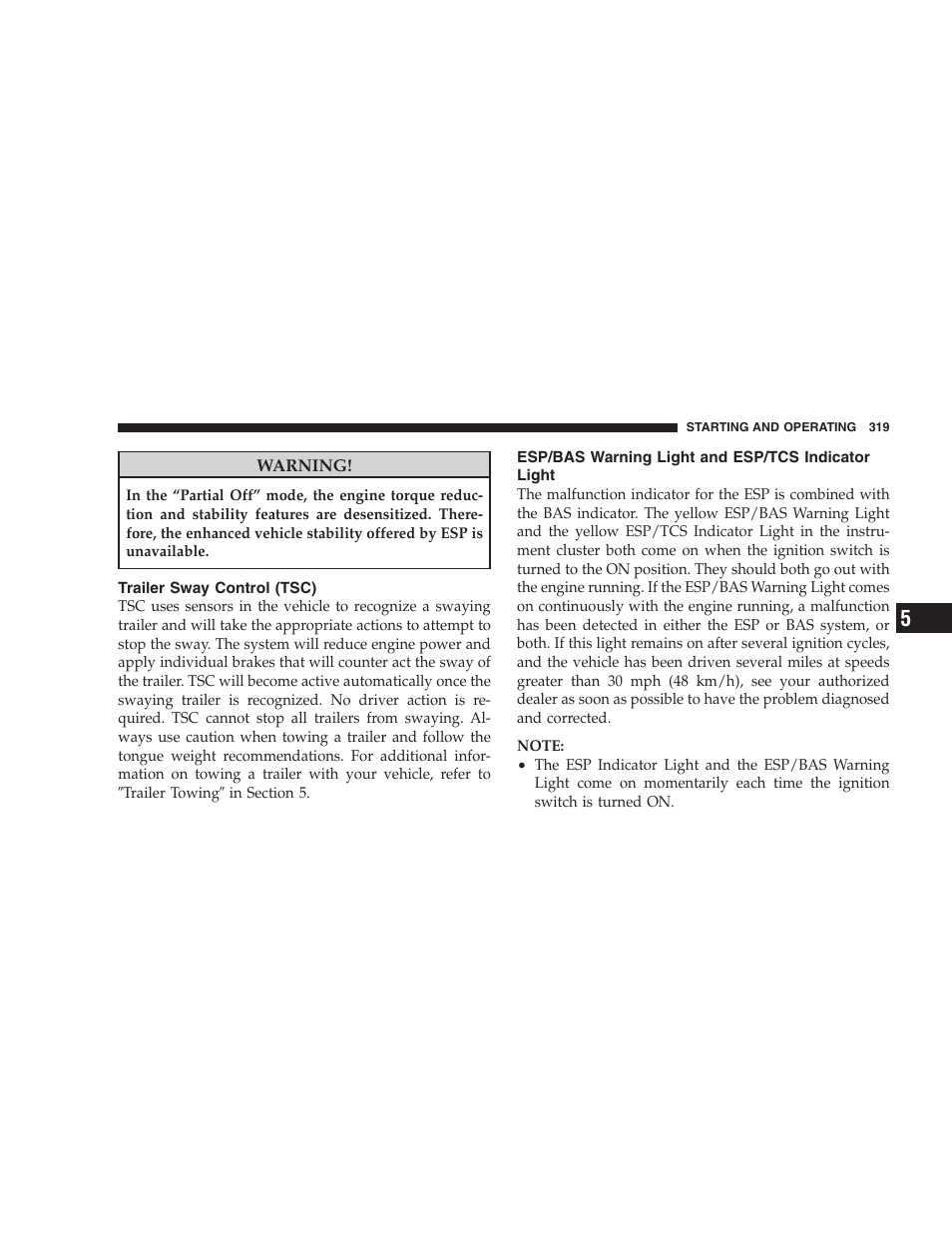 Trailer sway control (tsc), Esp/bas warning light and esp/tcs indicator light | Dodge 2009 Durango User Manual | Page 321 / 498