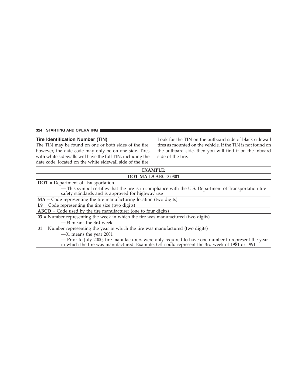 Tire identification number (tin) | Dodge 2009 Durango User Manual | Page 326 / 498