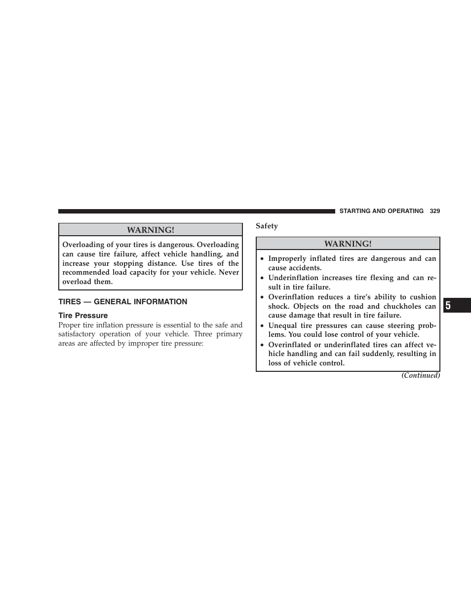 Tires - general information, Tire pressure | Dodge 2009 Durango User Manual | Page 331 / 498