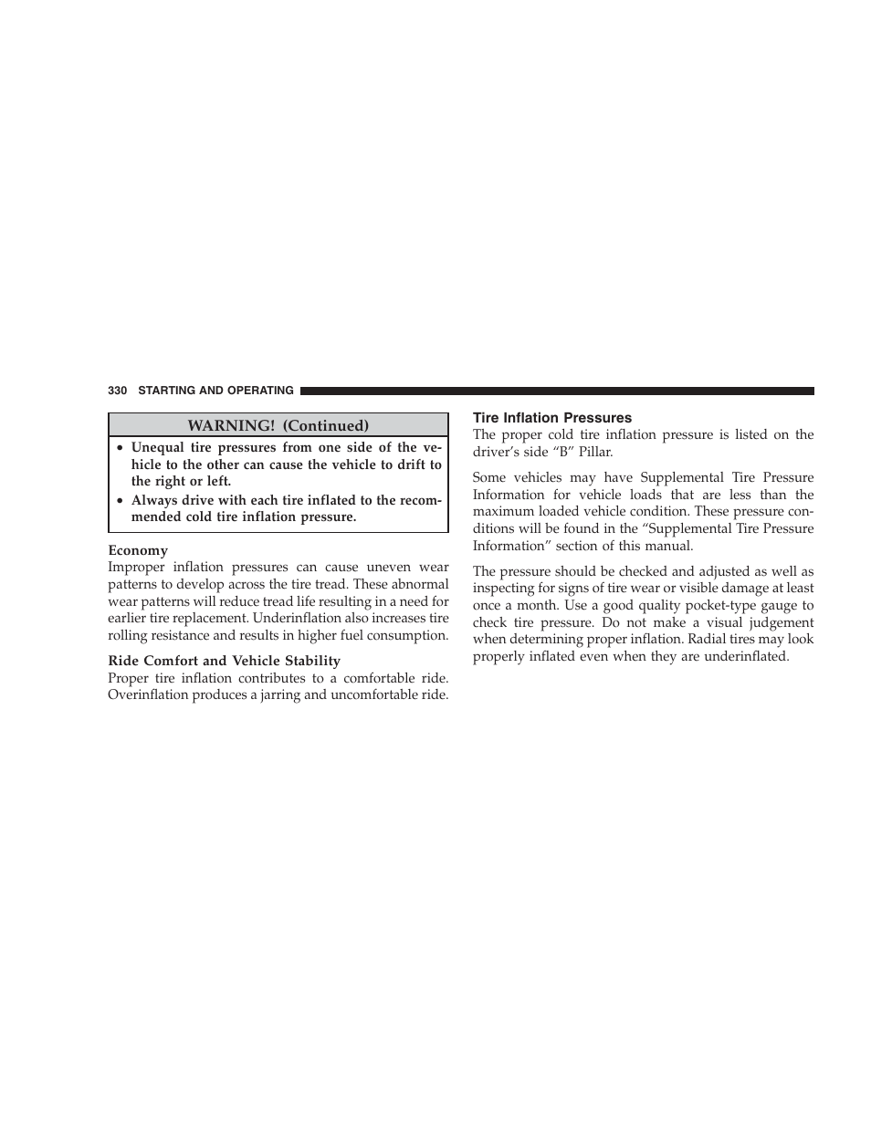 Tire inflation pressures | Dodge 2009 Durango User Manual | Page 332 / 498