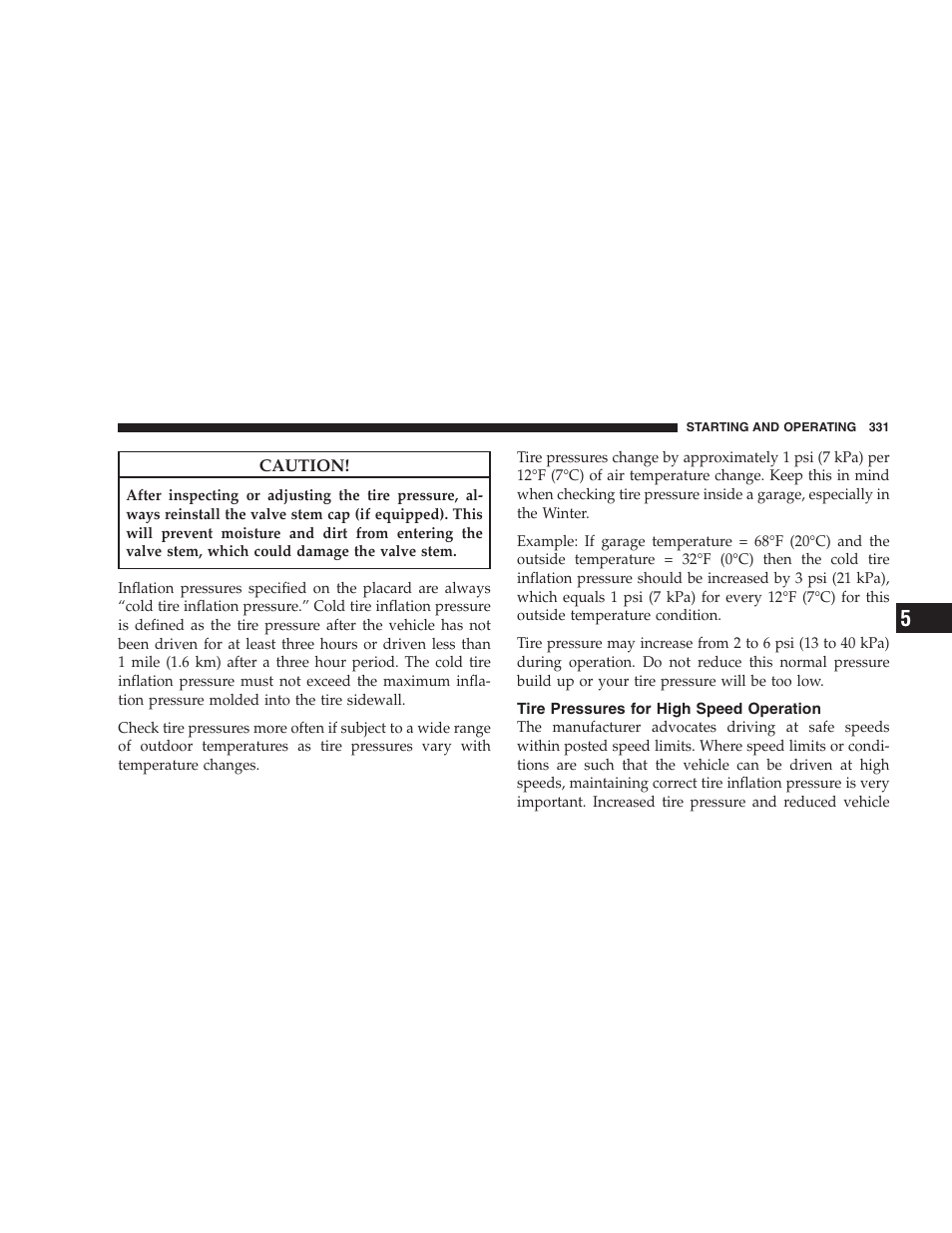 Tire pressures for high speed operation | Dodge 2009 Durango User Manual | Page 333 / 498