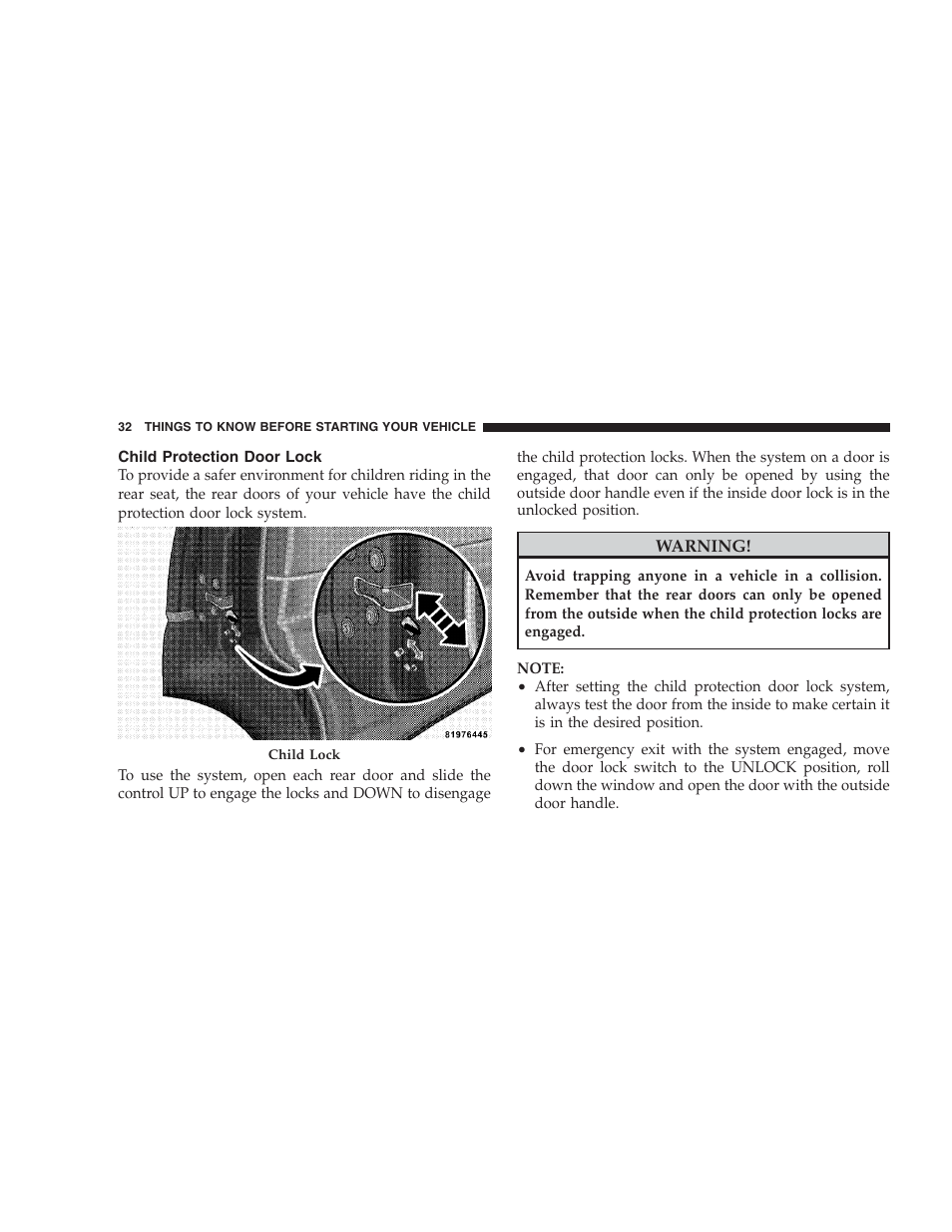 Child protection door lock, Windows | Dodge 2009 Durango User Manual | Page 34 / 498