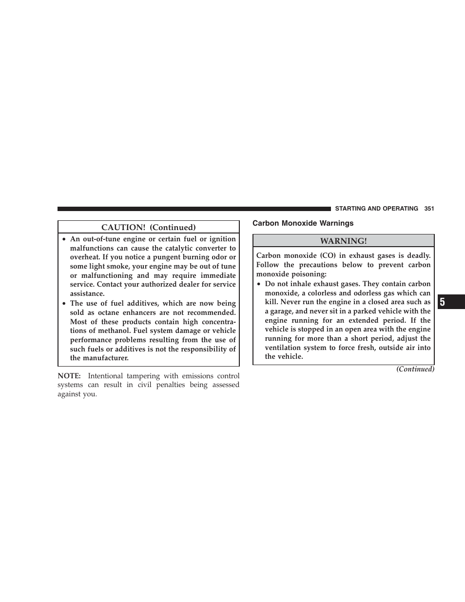 Carbon monoxide warnings | Dodge 2009 Durango User Manual | Page 353 / 498