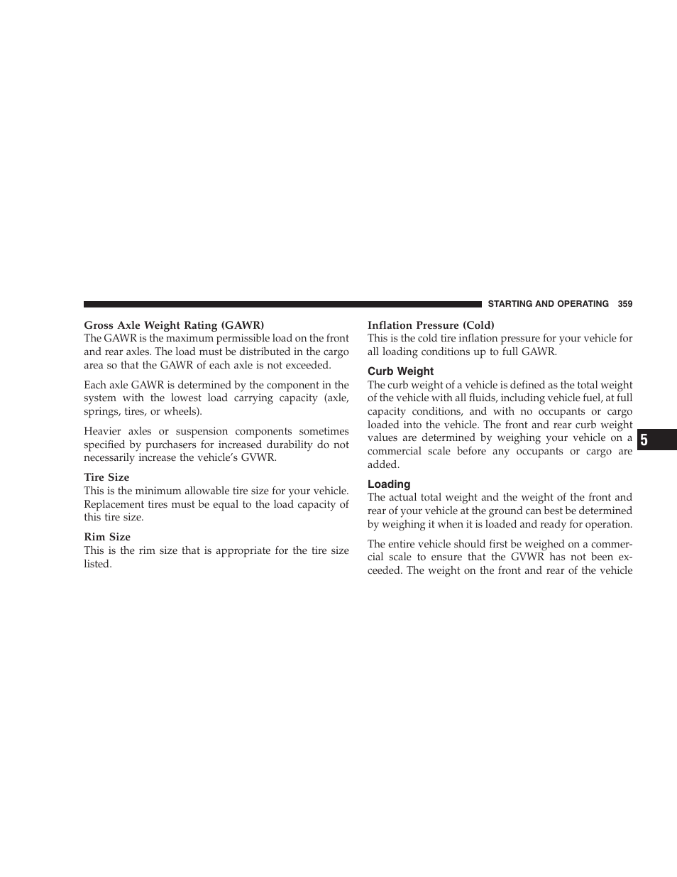 Curb weight, Loading | Dodge 2009 Durango User Manual | Page 361 / 498