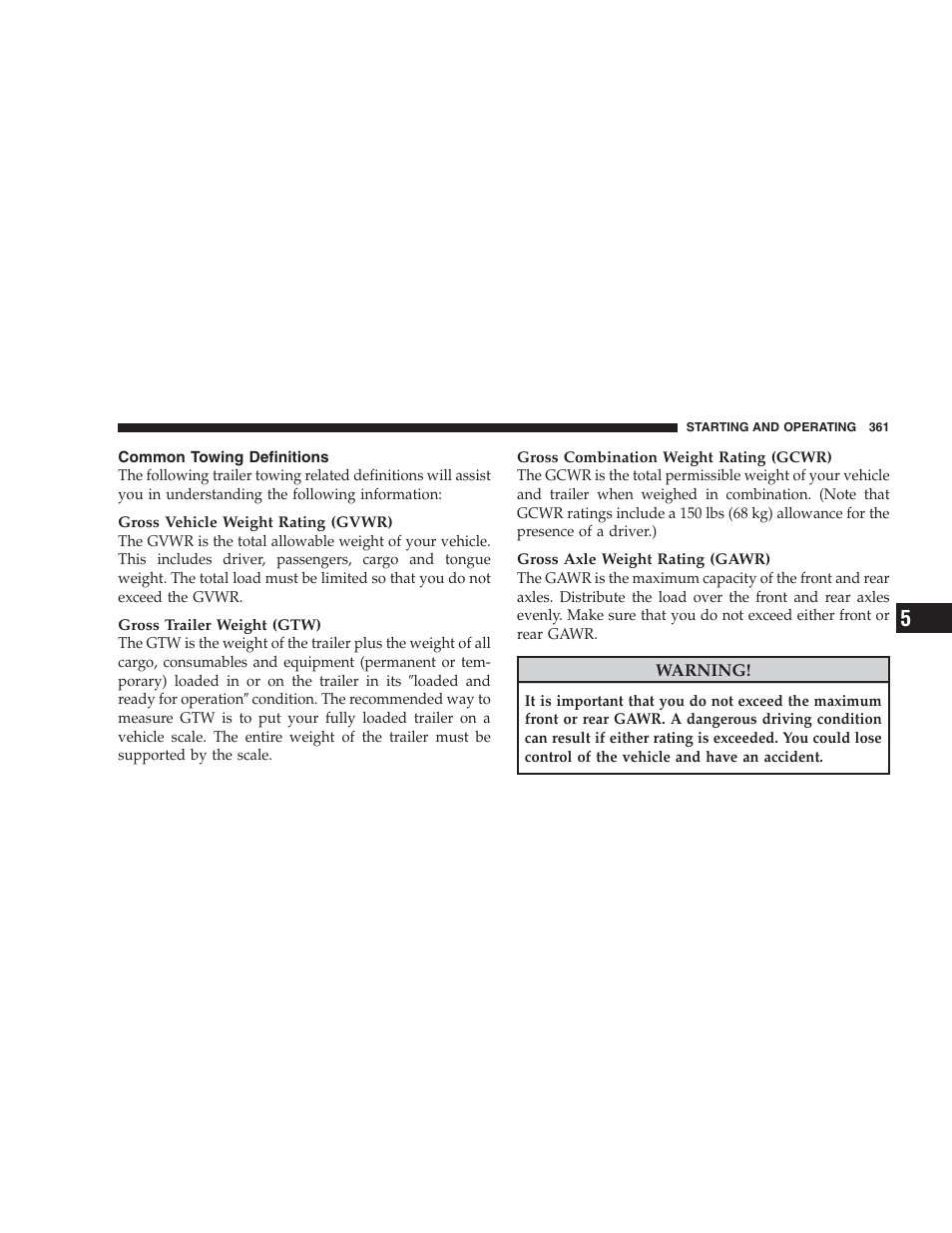 Common towing definitions | Dodge 2009 Durango User Manual | Page 363 / 498