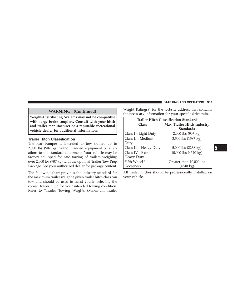 Trailer hitch classification | Dodge 2009 Durango User Manual | Page 365 / 498