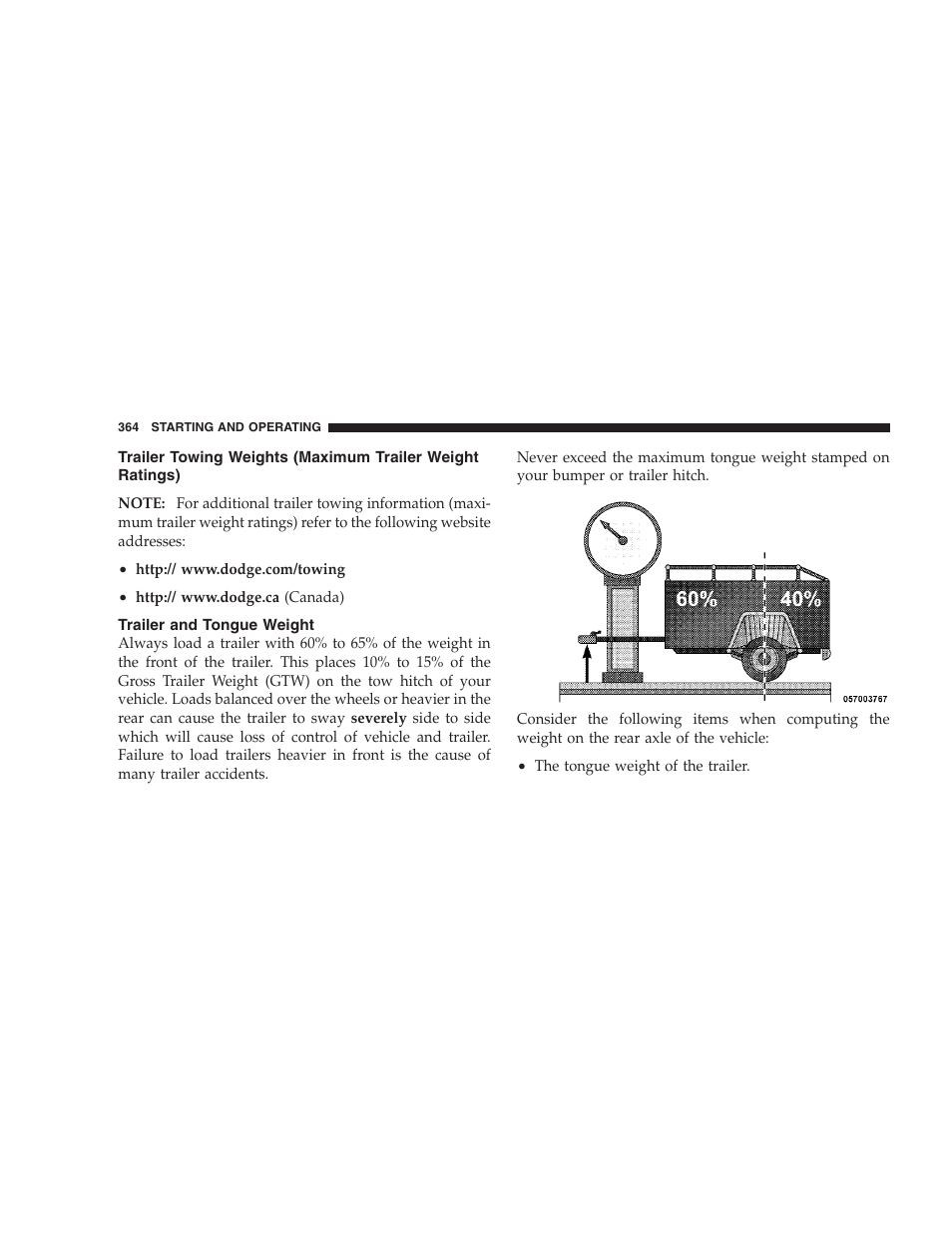 Trailer and tongue weight | Dodge 2009 Durango User Manual | Page 366 / 498