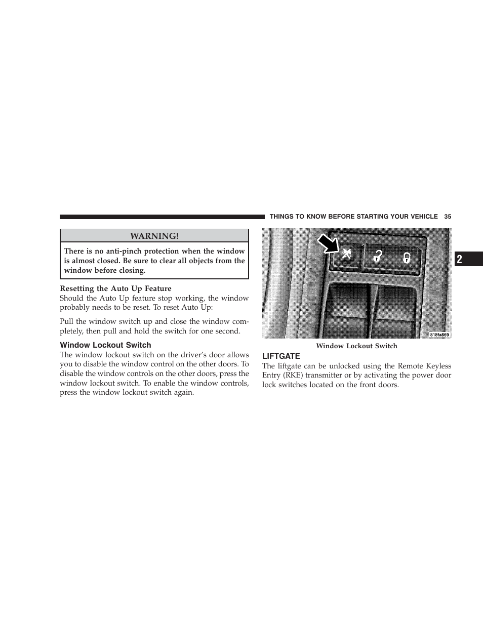 Window lockout switch, Liftgate | Dodge 2009 Durango User Manual | Page 37 / 498