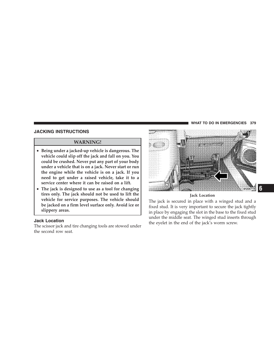 Jacking instructions, Jack location | Dodge 2009 Durango User Manual | Page 381 / 498