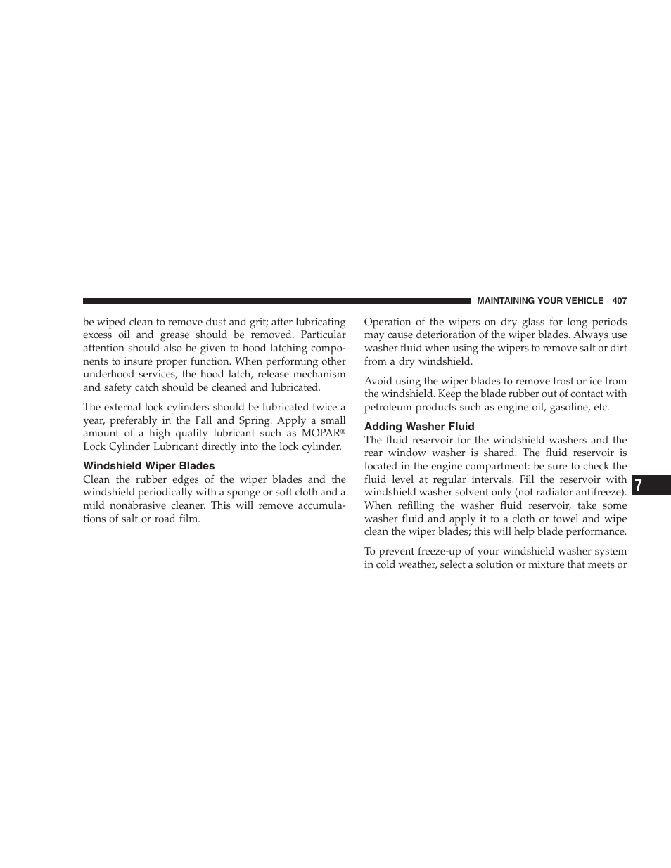 Windshield wiper blades, Adding washer fluid | Dodge 2009 Durango User Manual | Page 409 / 498