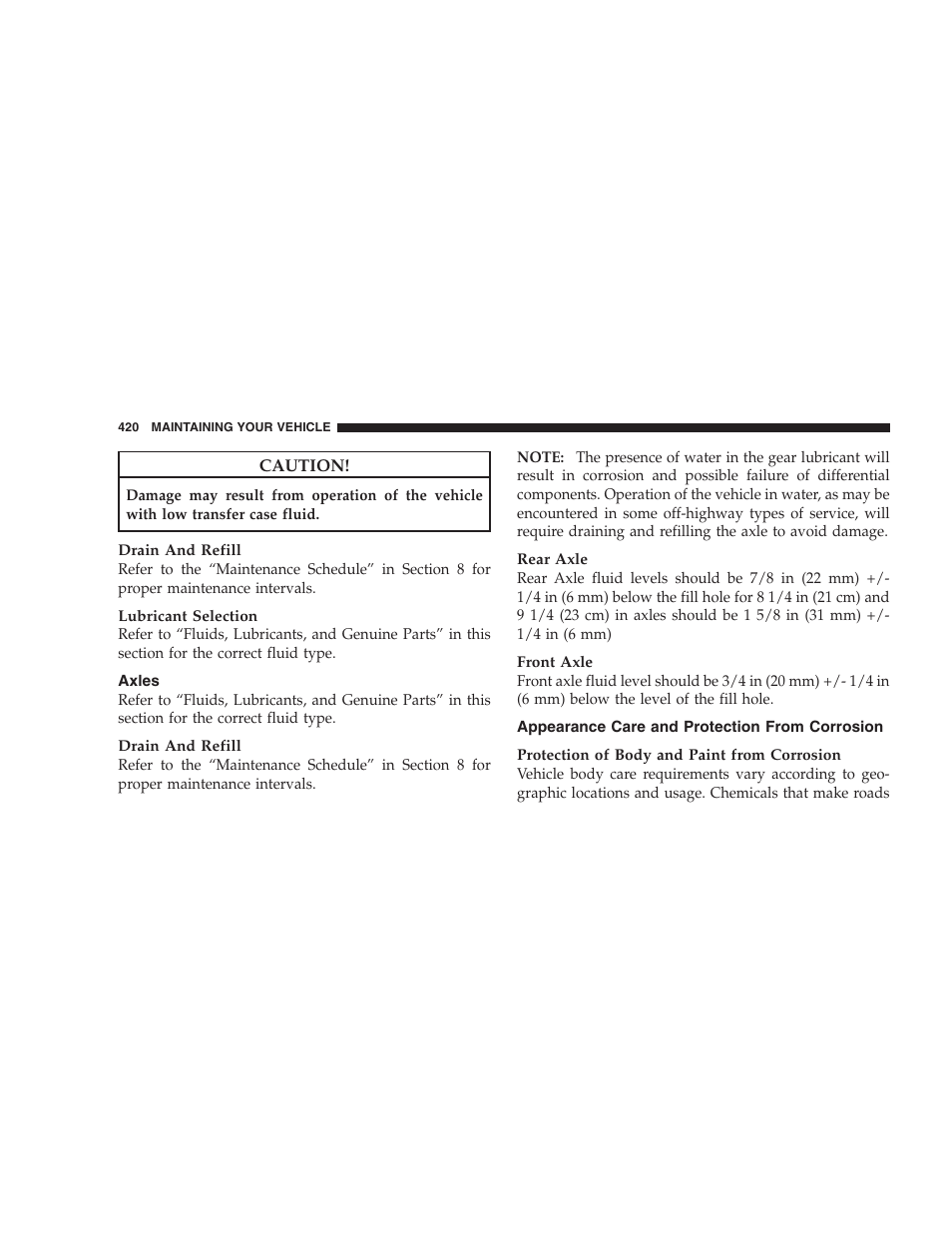 Axles, Appearance care and protection from corrosion | Dodge 2009 Durango User Manual | Page 422 / 498