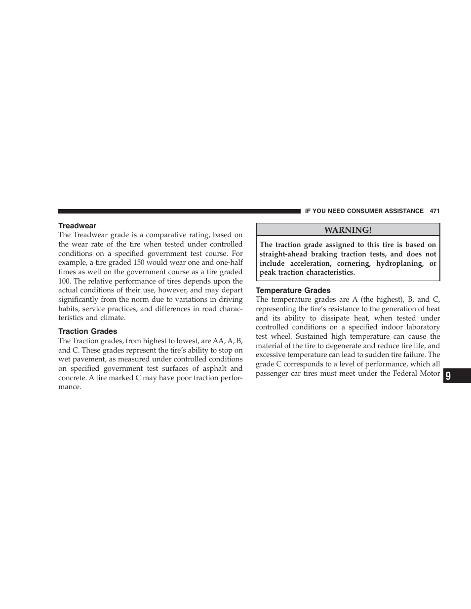 Treadwear, Traction grades, Temperature grades | Dodge 2009 Durango User Manual | Page 473 / 498