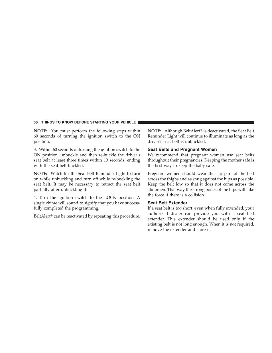 Seat belts and pregnant women, Seat belt extender | Dodge 2009 Durango User Manual | Page 52 / 498