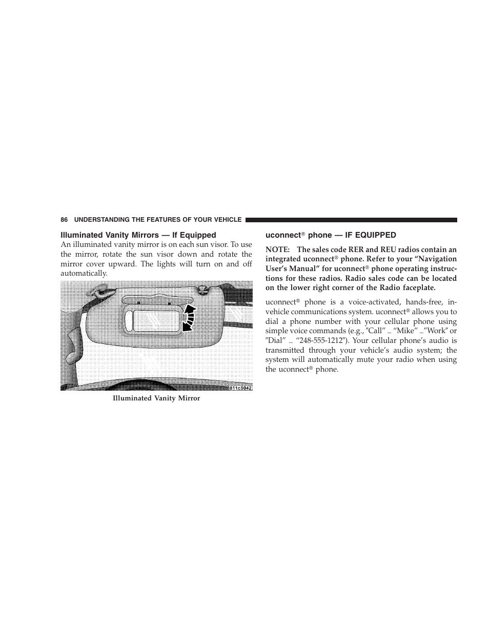 Illuminated vanity mirrors - if equipped, Uconnect phone - if equipped | Dodge 2009 Durango User Manual | Page 88 / 498