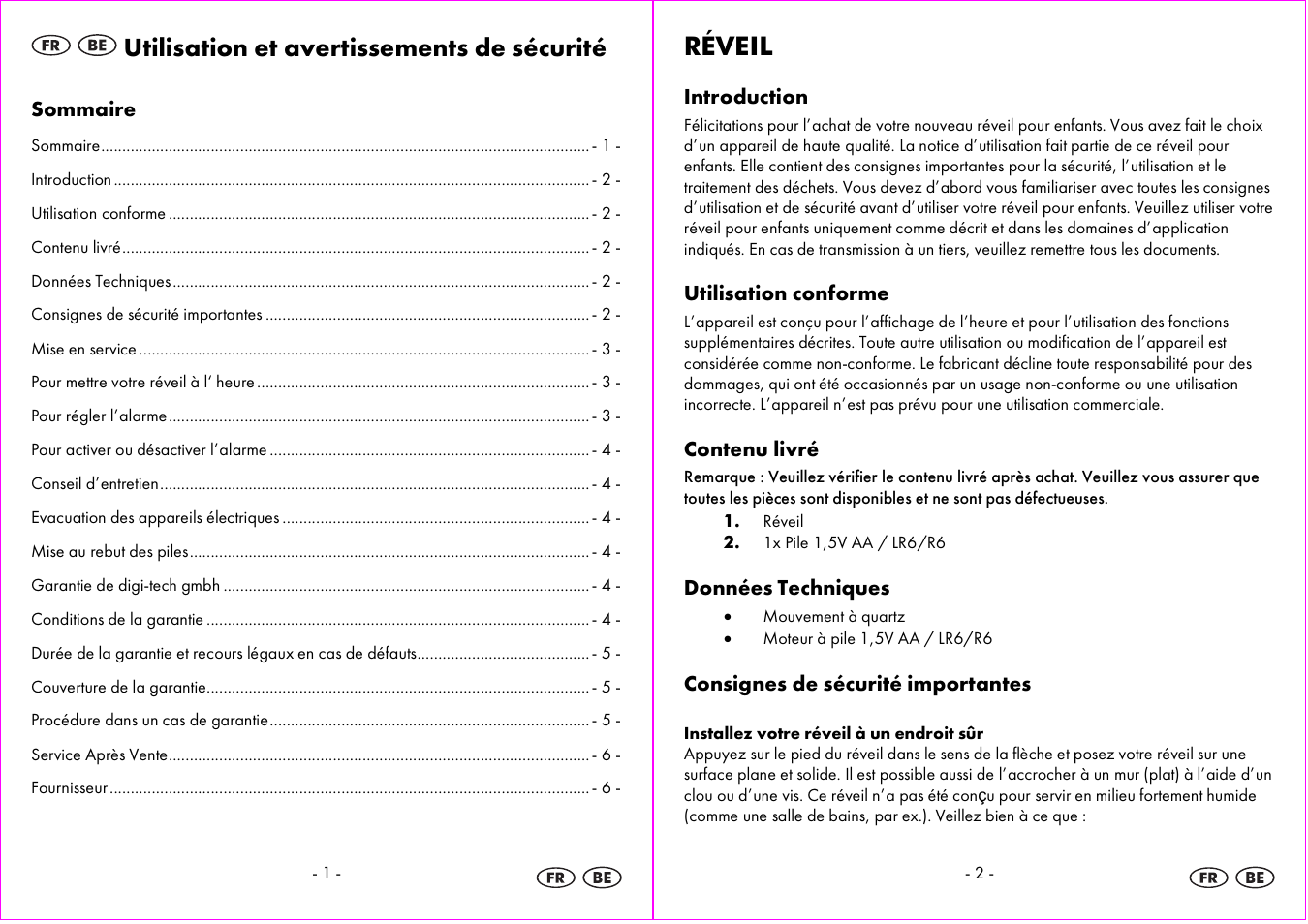 Utilisation et avertissements de sécurité, Réveil | Auriol 4-LD3594 User Manual | Page 2 / 14