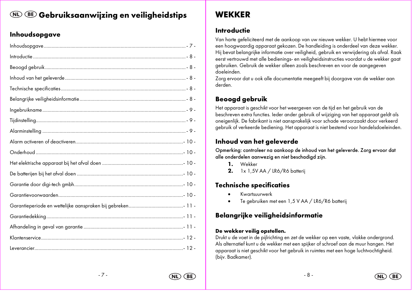 Gebruiksaanwijzing en veiligheidstips, Wekker | Auriol 4-LD3594 User Manual | Page 5 / 14