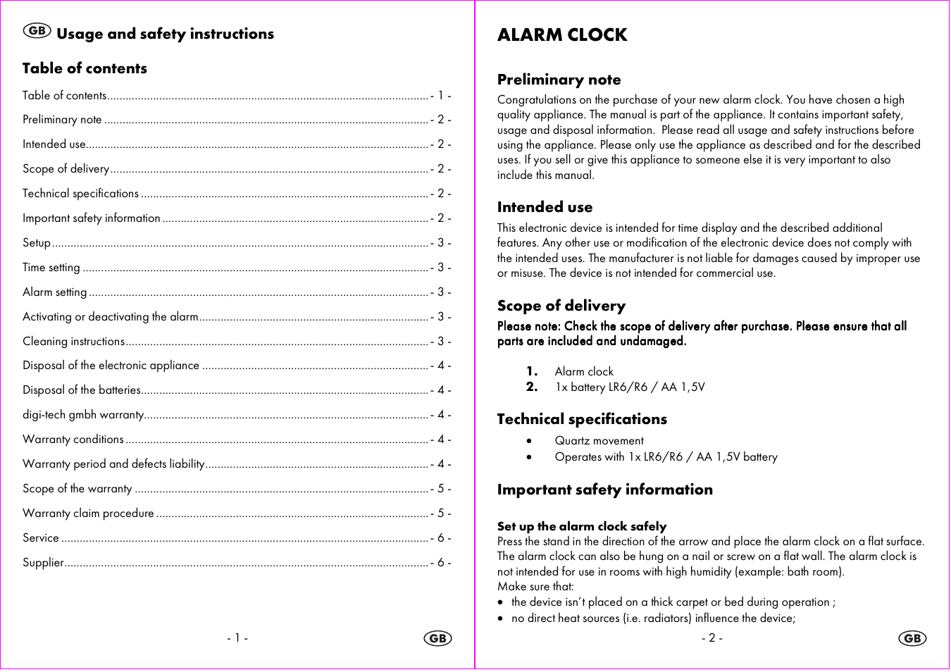 Alarm clock | Auriol 4-LD3594 User Manual | Page 2 / 24