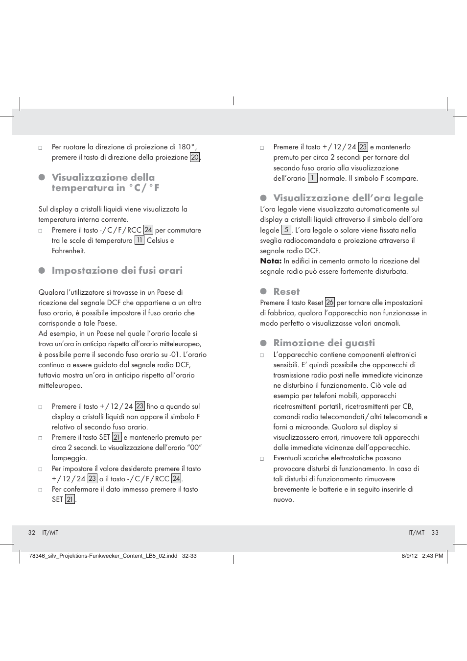 Visualizzazione della temperatura in °c / °f, Impostazione dei fusi orari, Visualizzazione dell’ora legale | Reset, Rimozione dei guasti | Auriol Z31311 User Manual | Page 18 / 42