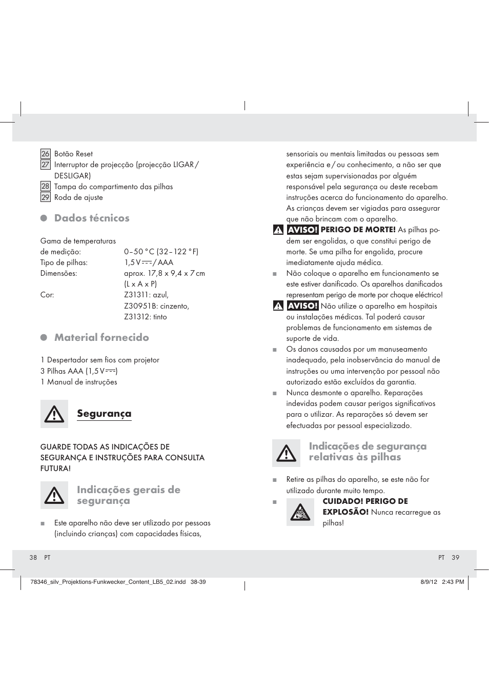 Dados técnicos, Material fornecido, Segurança | Indicações gerais de segurança, Indicações de segurança relativas às pilhas | Auriol Z31311 User Manual | Page 21 / 42