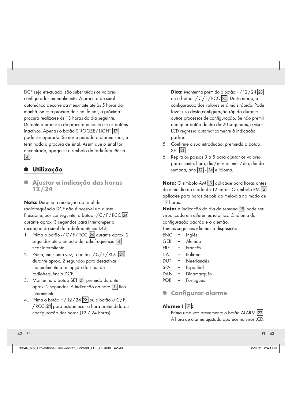 Utilização ajustar a indicação das horas 12 / 24, Conﬁgurar alarme | Auriol Z31311 User Manual | Page 23 / 42