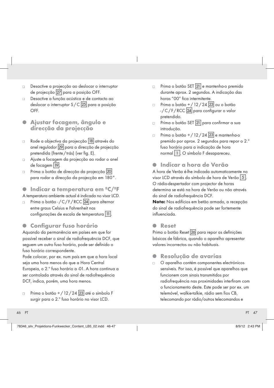 Ajustar focagem, ângulo e direcção da projecção, Indicar a temperatura em ºc/ºf, Conﬁgurar fuso horário | Indicar a hora de verão, Reset, Resolução de avarias | Auriol Z31311 User Manual | Page 25 / 42