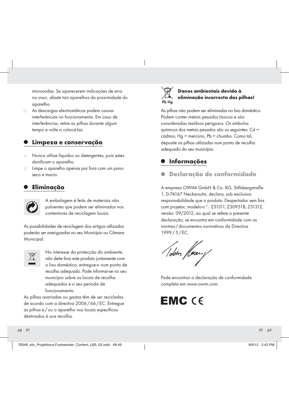 Limpeza e conservação, Eliminação, Informações | Declaração de conformidade | Auriol Z31311 User Manual | Page 26 / 42