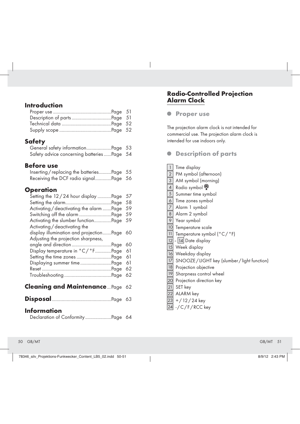 Introduction, Safety, Before use | Operation, Cleaning and maintenance, Disposal, Information, Radio-controlled projection alarm clock proper use, Description of parts | Auriol Z31311 User Manual | Page 27 / 42