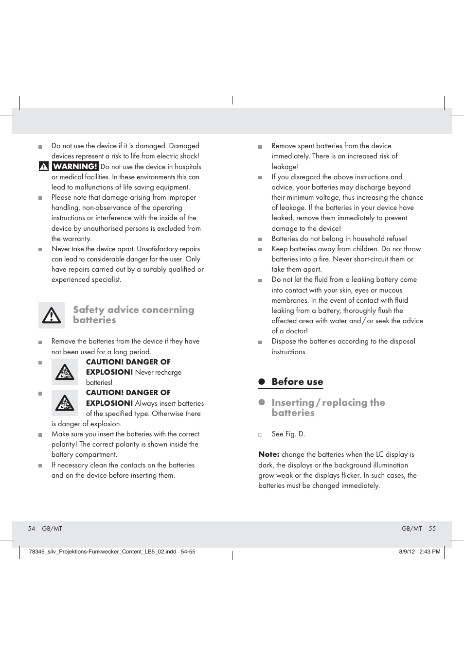 Safety advice concerning batteries, Before use inserting / replacing the batteries | Auriol Z31311 User Manual | Page 29 / 42