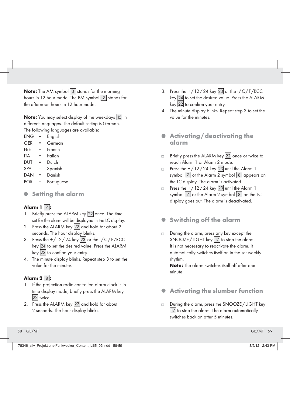 Setting the alarm, Activating / deactivating the alarm, Switching off the alarm | Activating the slumber function | Auriol Z31311 User Manual | Page 31 / 42