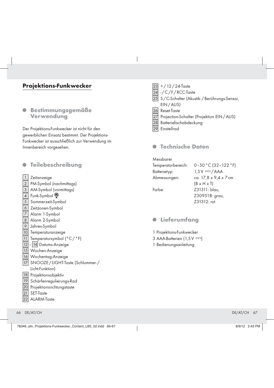 Projektions-funkwecker, Bestimmungsgemäße verwendung, Teilebeschreibung | Technische daten, Lieferumfang | Auriol Z31311 User Manual | Page 35 / 42