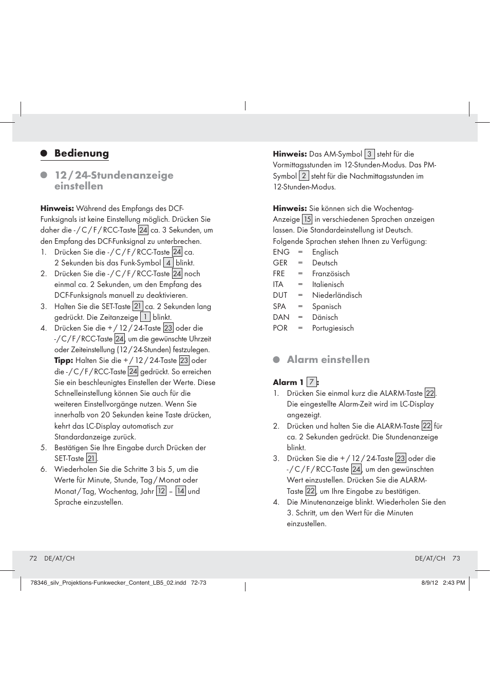 Bedienung, 12 / 24-stundenanzeige einstellen, Alarm einstellen | Auriol Z31311 User Manual | Page 38 / 42