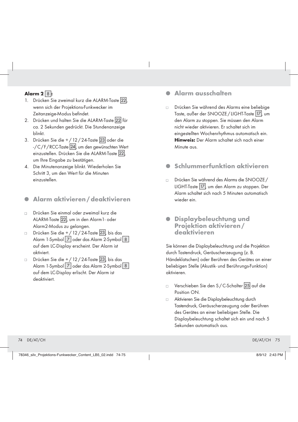 Alarm aktivieren / deaktivieren, Alarm ausschalten, Schlummerfunktion aktivieren | Auriol Z31311 User Manual | Page 39 / 42