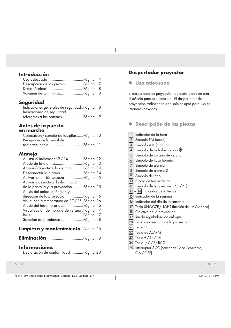 Despertador proyector uso adecuado, Descripción de las piezas, Introducción | Seguridad, Antes de la puesta en marcha, Manejo, Limpieza y mantenimiento, Eliminación, Informaciones | Auriol Z31311 User Manual | Page 5 / 42