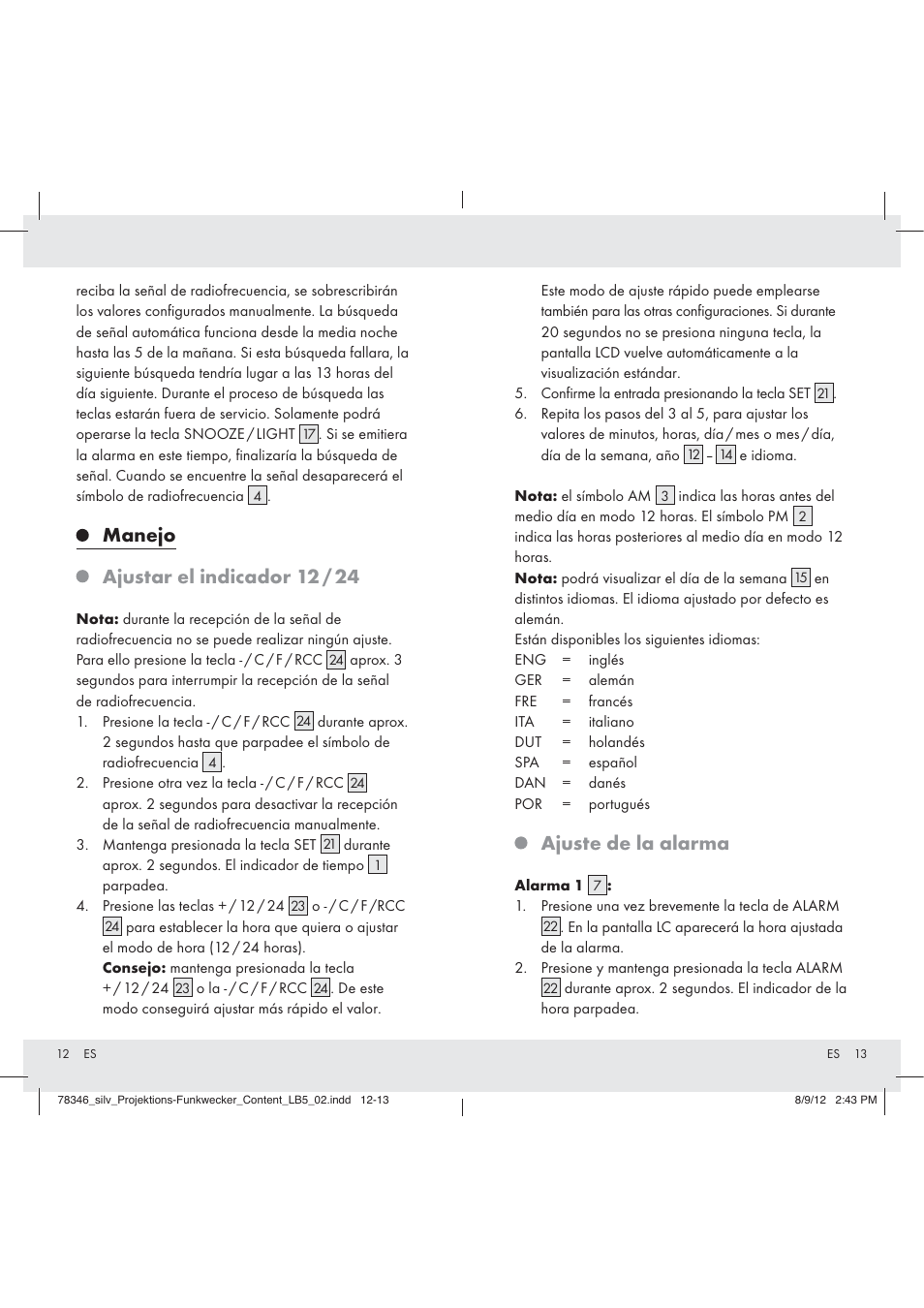 Ajuste de la alarma, Manejo ajustar el indicador 12 / 24 | Auriol Z31311 User Manual | Page 8 / 42
