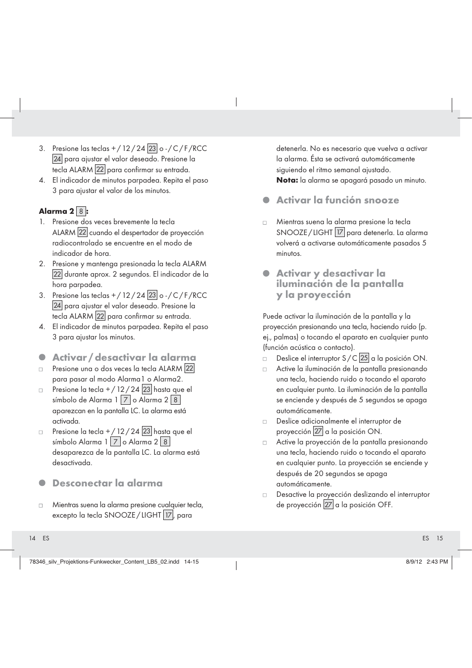 Activar la función snooze, Activar / desactivar la alarma, Desconectar la alarma | Auriol Z31311 User Manual | Page 9 / 42