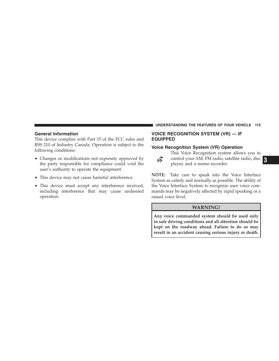 General information, Voice recognition system (vr) - if equipped, Voice recognition system (vr) operation | Voice recognition system (vr), If equipped | Dodge 2009 Nitro User Manual | Page 117 / 459