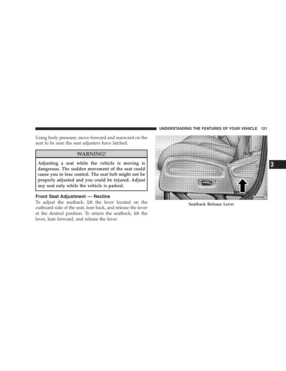 Front seat adjustment - recline | Dodge 2009 Nitro User Manual | Page 123 / 459